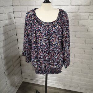 George Plus Ladies Size 3X Navy w/ Flower Pattern Elastic Neck Flowy Blouse